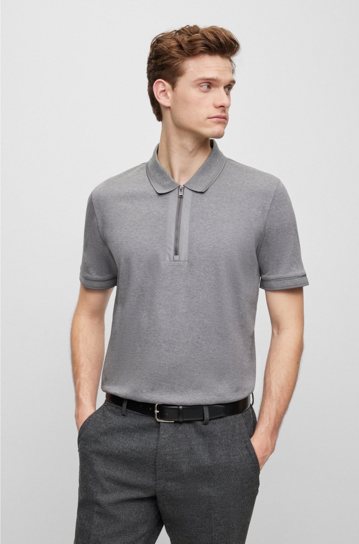 BOSS - Mercerized-cotton polo shirt with zip placket
