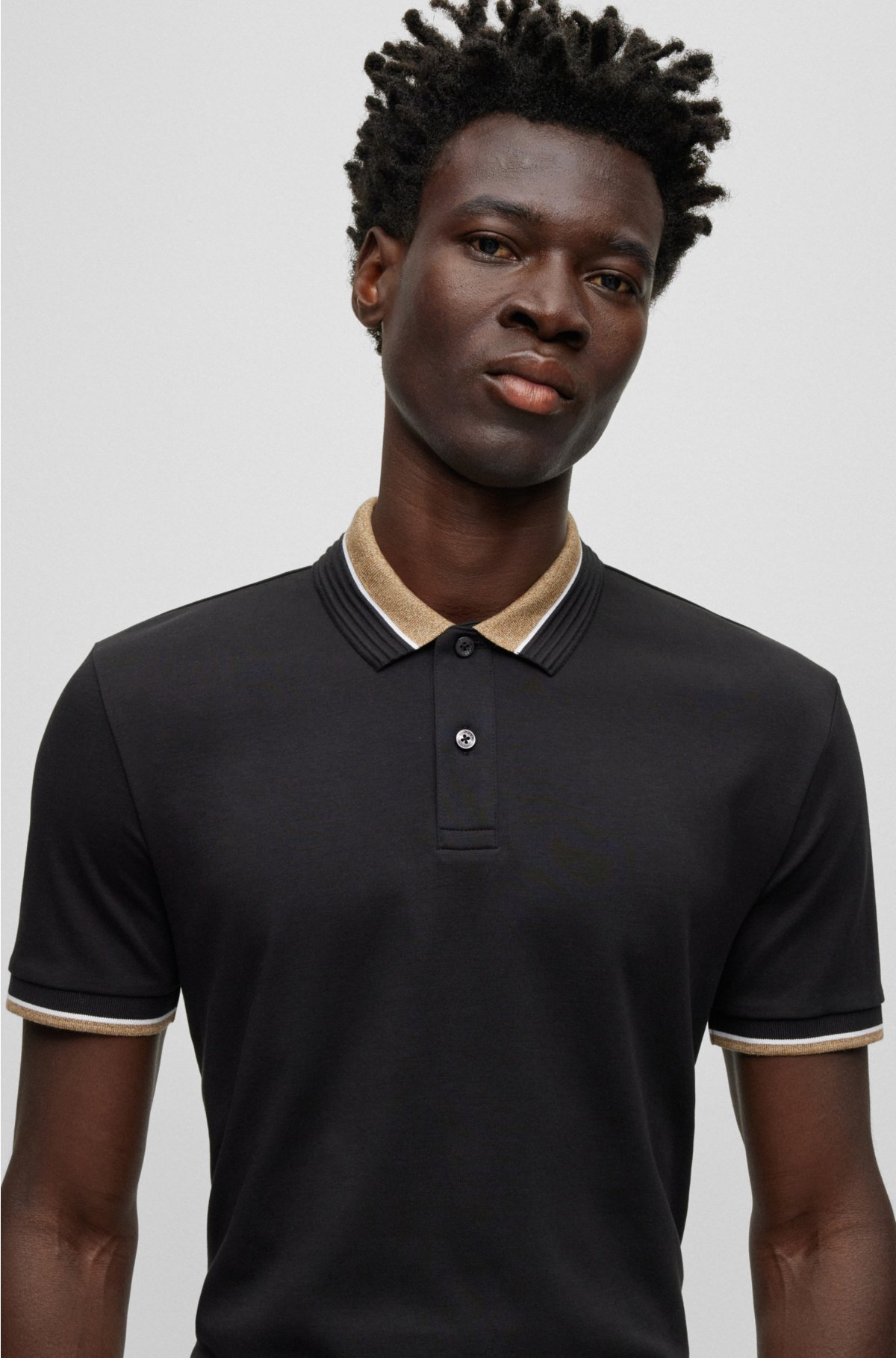 Mercerized-cotton polo shirt with contrast tipping, Black