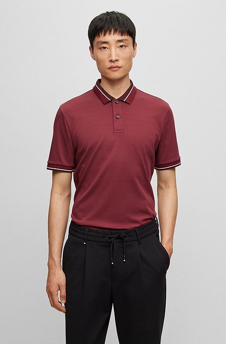 Mercerized-cotton polo shirt with contrast tipping, Dark Red