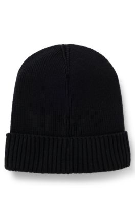 Gorro de punto de algod&oacute;n y lana virgen con detalle de logo, Negro