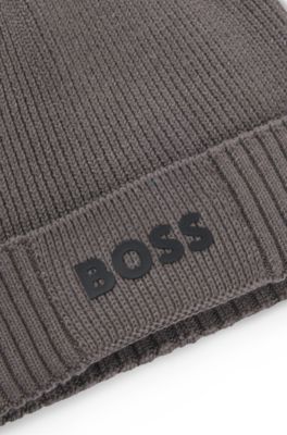 Gorro de punto de algod&oacute;n y lana virgen con detalle de logo, Gris claro