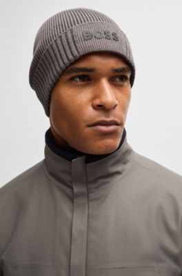 Gorro de punto de algod&oacute;n y lana virgen con detalle de logo, Gris claro