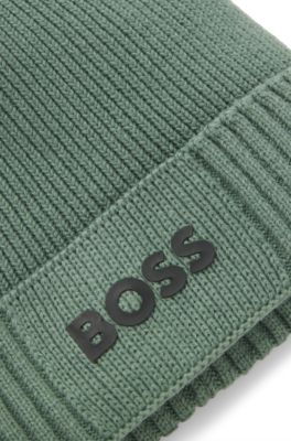 Logo-detail beanie hat in cotton and virgin wool, Light Green