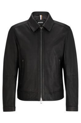 Shop Hugo Boss Leather Jacket With Two-way Zip In Black