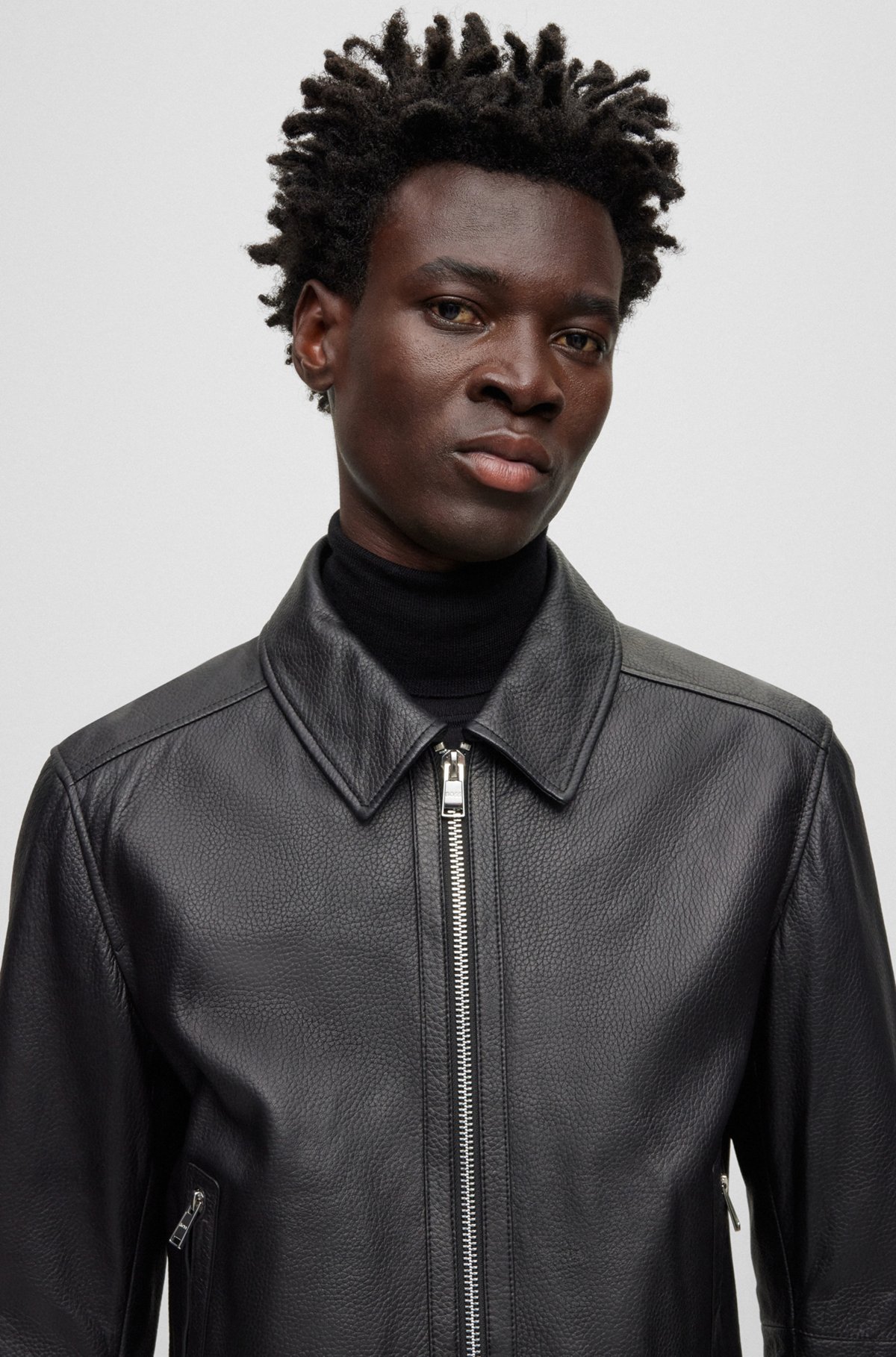 BOSS - Leather jacket with two-way zip - Black BOSS - Leather jacket with two-way zip - Black