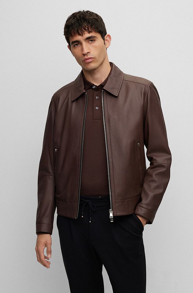 Leather jacket with two-way zip, Dark Brown