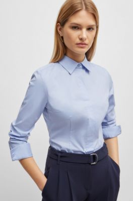 Slim-fit blouse in a stretch cotton, Light Blue