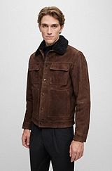 Suede jacket with teddy collar and patch pockets , Dark Brown