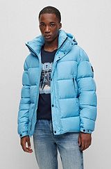 Water-repellent hooded puffer jacket with logo badge, Light Blue