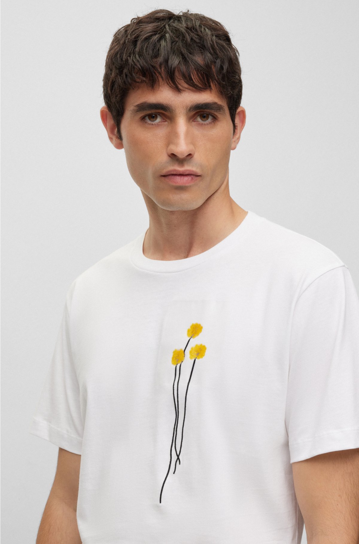 Interlock-cotton T-shirt with faux flower petals, White