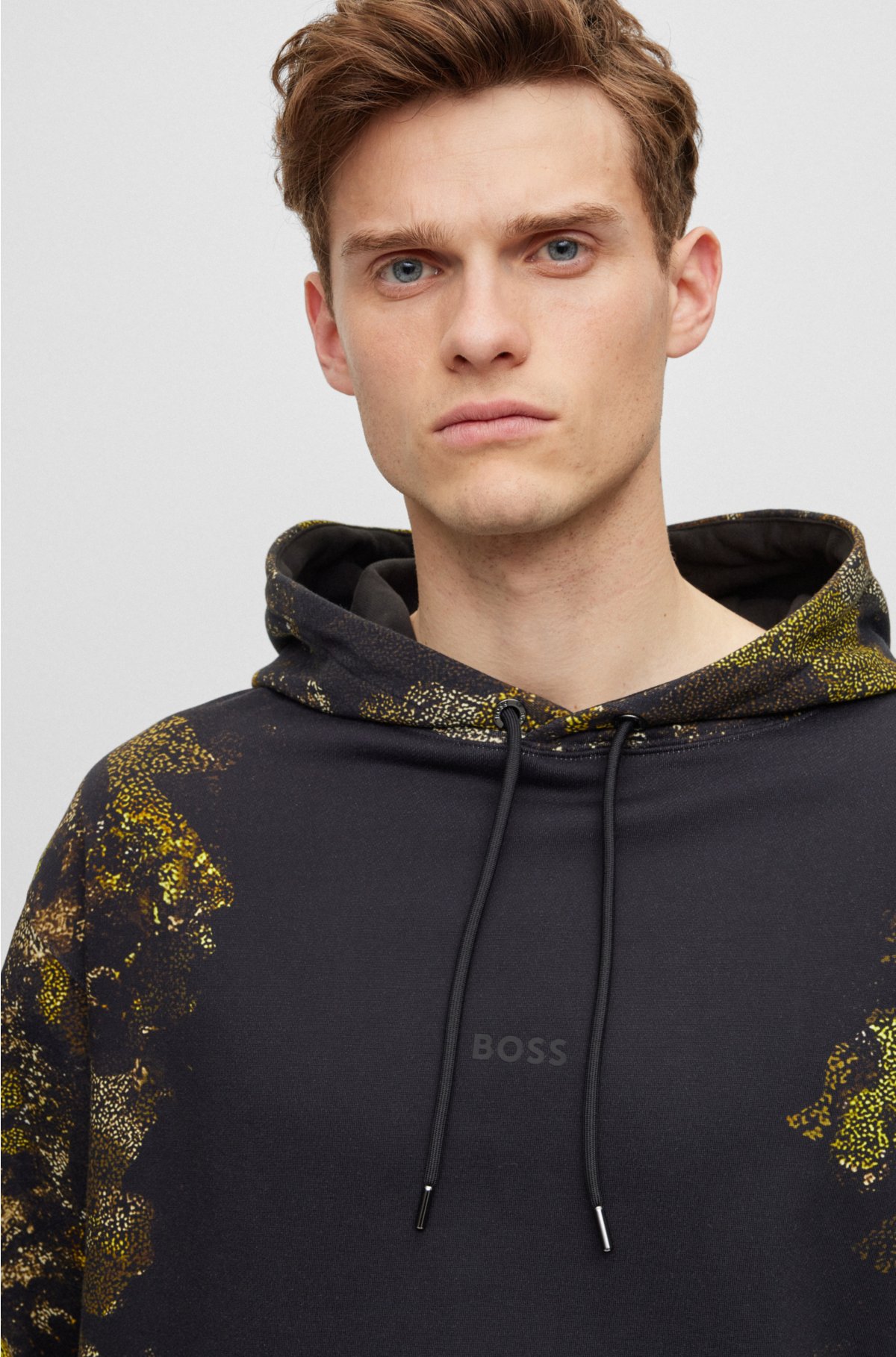 Cotton-terry hoodie with lichen-inspired graphics, Black