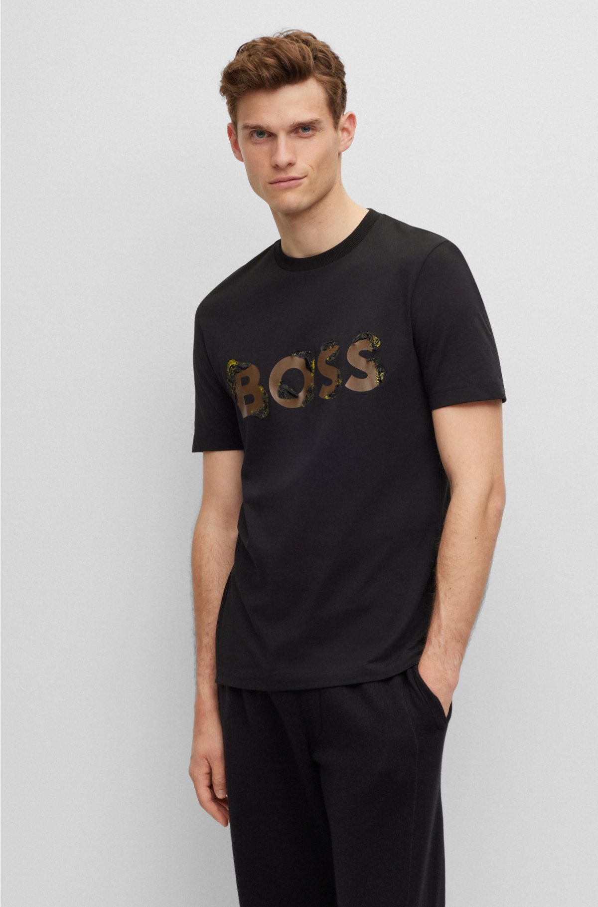 Cotton-jersey T-shirt with printed and embroidered branding, Black