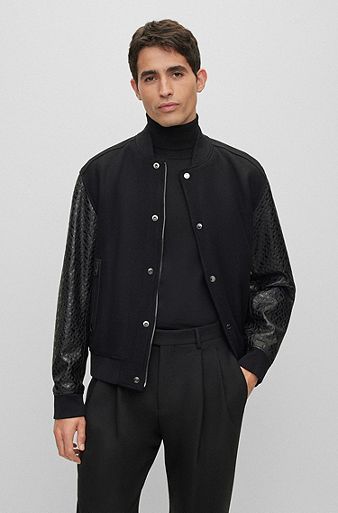 Varsity-style jacket with monogram-embossed leather sleeves, Black