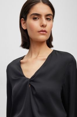 BOSS - Regular-fit blouse in stretch silk with twist front 