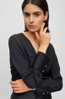 BOSS - Regular-fit blouse in stretch silk with twist front 