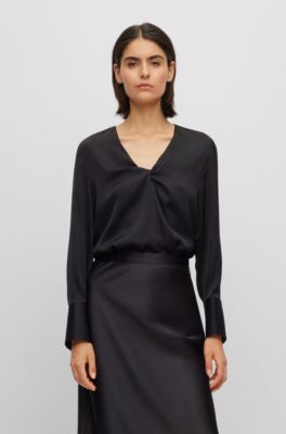 BOSS - Regular-fit blouse in stretch silk with twist front 