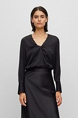 Regular-fit blouse in stretch silk with twist front, Black