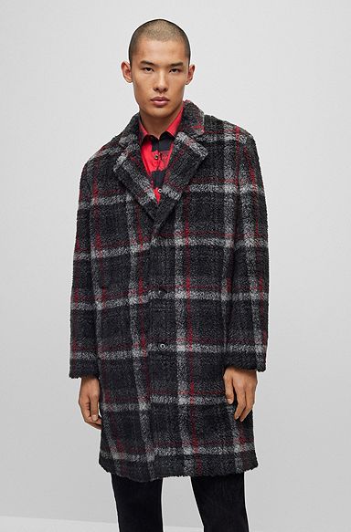 Regular-fit coat in checked teddy fabric, Patterned