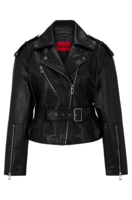 HUGO - Relaxed-fit leather biker jacket with belt
