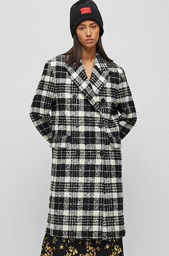 Oversize-fit double-breasted coat with check pattern, Patterned