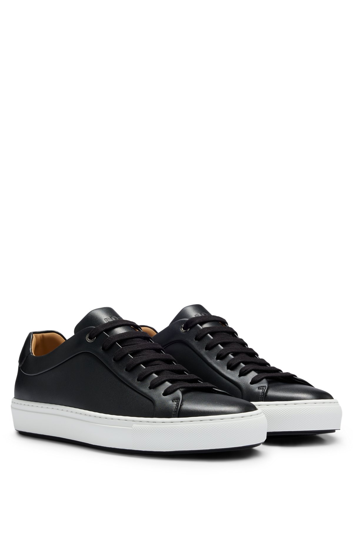 Lace-up trainers in leather with tonal branding, Black
