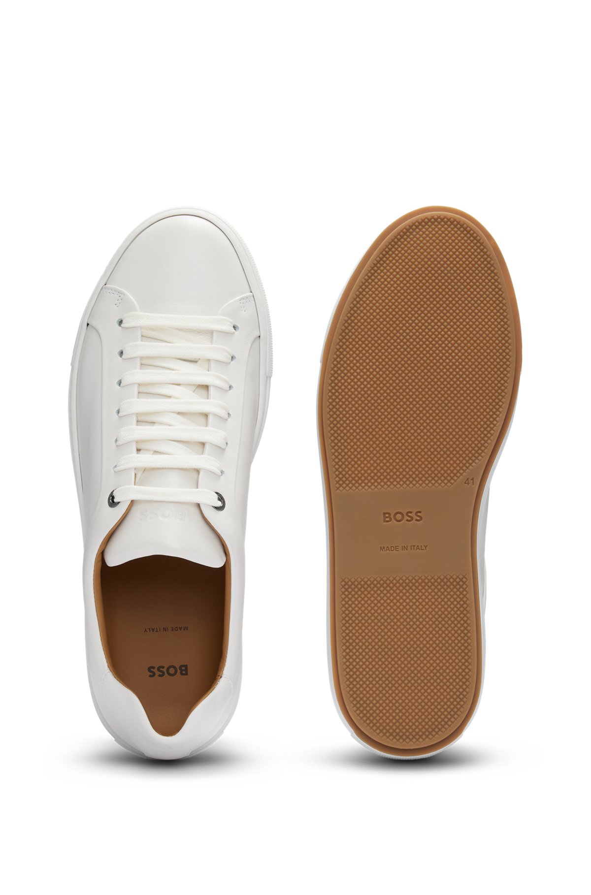 Lace-up trainers in leather with tonal branding, White