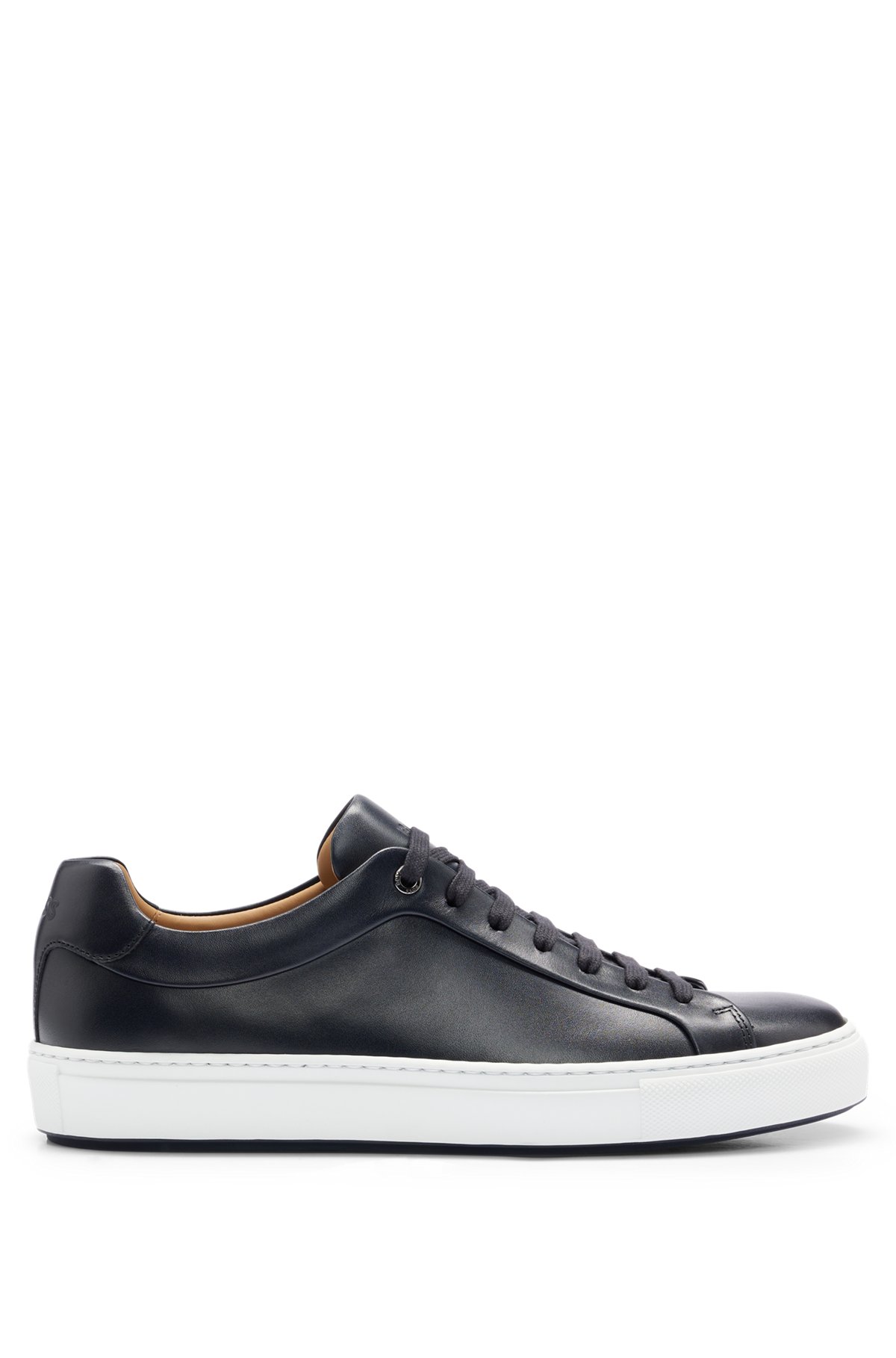Lace-up trainers in leather with tonal branding, Dark Blue
