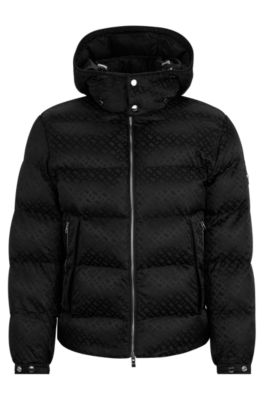 Shop Hugo Boss Monogram-jacquard Water-repellent Padded Jacket With Hood In Black