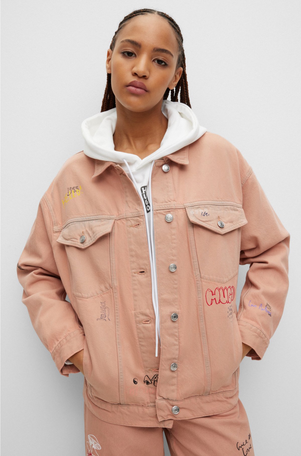 HUGO Oversized-fit jacket in denim with doodle motifs
