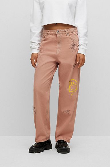 Relaxed-fit jeans in overdyed denim with doodle motifs, Light Orange