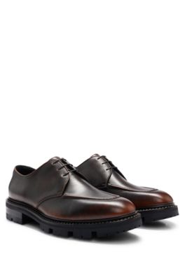 BOSS - Treated-leather Derby shoes with camel-toned stitching