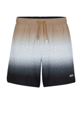 Hugo Boss Logo-print Swim Shorts With Degrad Monogram Pattern In Beige