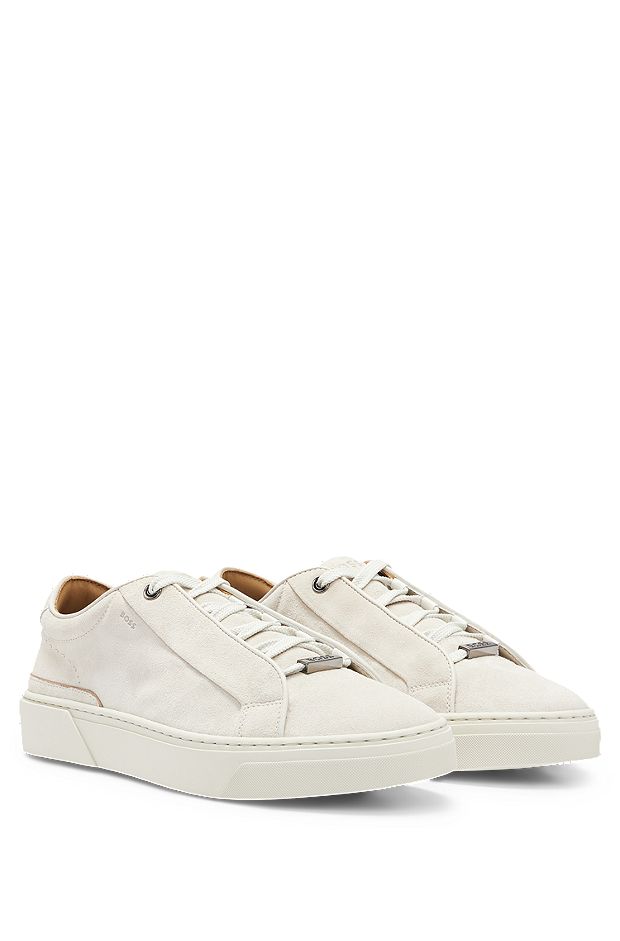 Suede lace-up trainers with branded loop, White