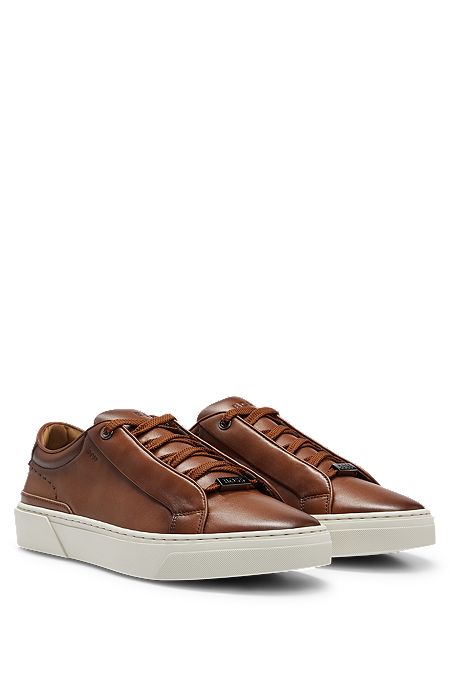 Leather trainers with branded lace loop, Brown