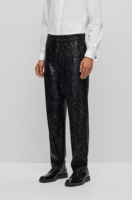Slim-fit trousers with sequin embellishments in stretch satin, Black