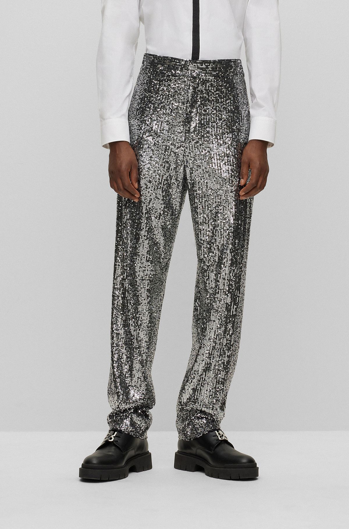 Slim-fit trousers with sequin embellishments in stretch satin, Silver