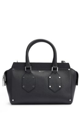 Shop Hugo Boss Tote Bag In Grained Leather With Polished Logo Lettering In Black