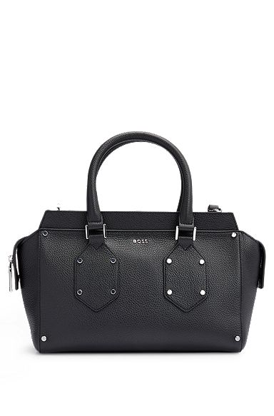 Grained-leather tote bag with branded hardware, Black