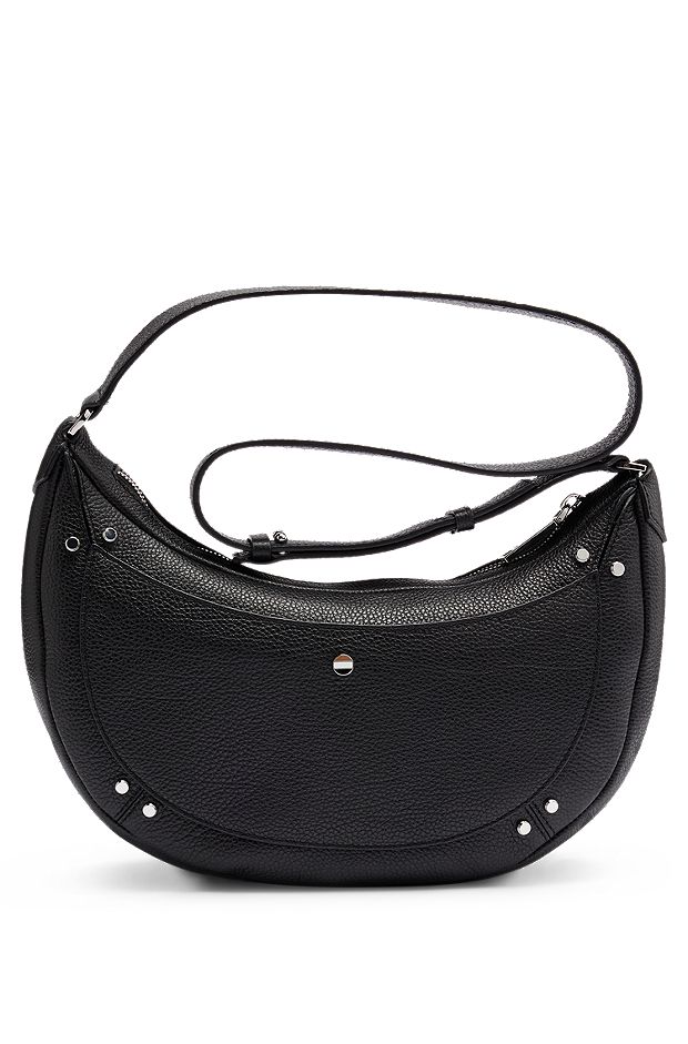 Hobo bag in grained leather with stud details, Black