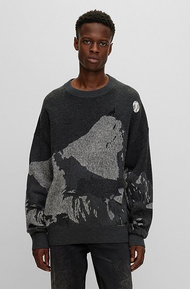 Wool-blend oversize-fit sweater with seasonal jacquard, Dark Grey