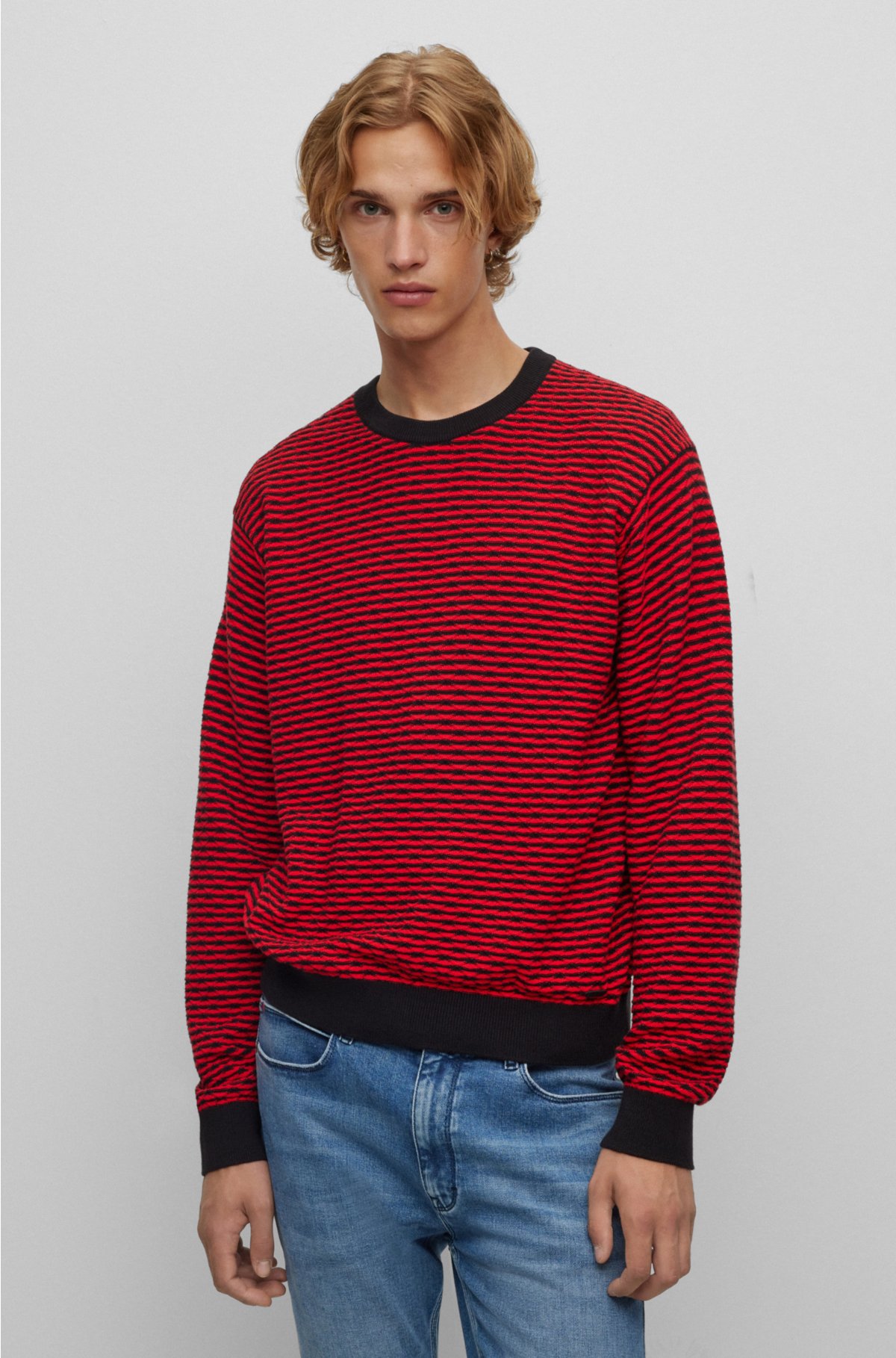 Relaxed-fit sweater in cotton with knitted structure, Black