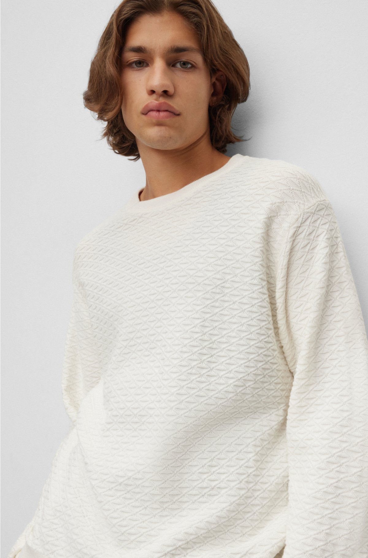Relaxed-fit sweater in cotton with knitted structure, White