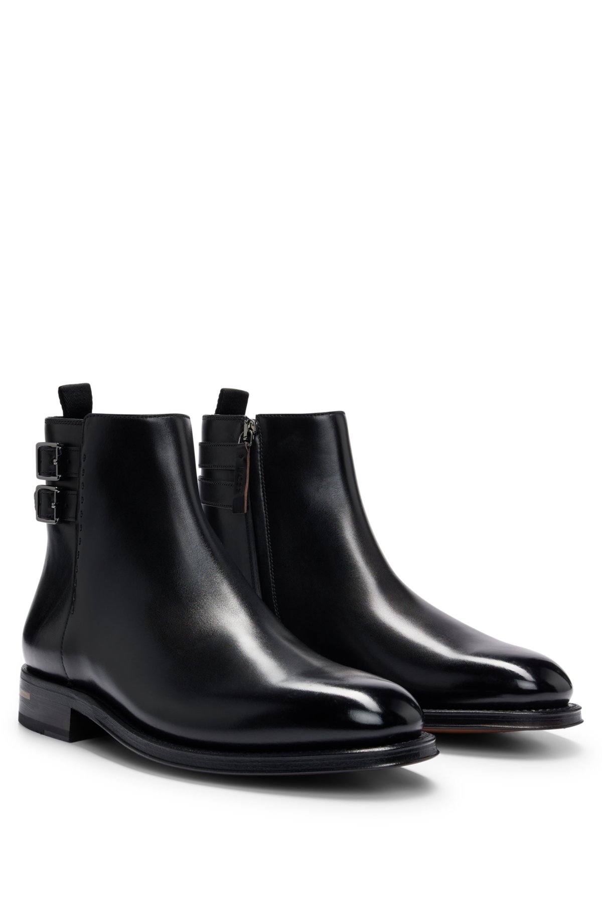 Burnished-leather padded-insole boots with double strap, Black