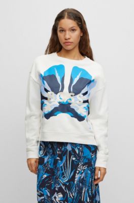 BOSS - Cropped sweatshirt in cotton with drawstring and embroidered logo