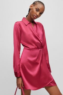 HUGO - Long-sleeved dress in satin with wrap front