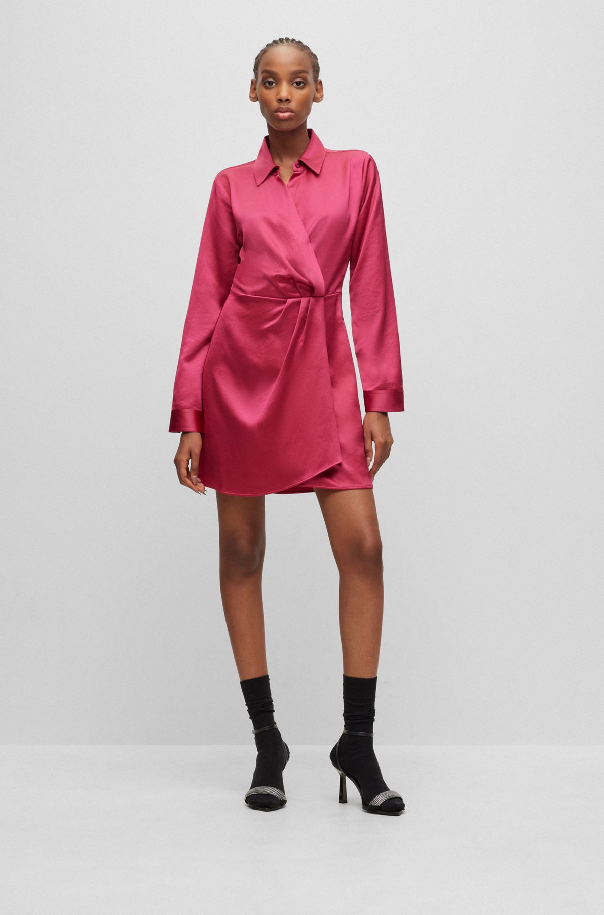 Long-sleeved dress in satin with wrap front, Pink