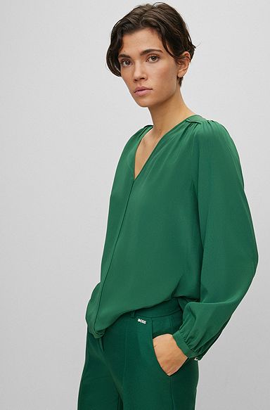 V-neck regular-fit blouse in washed silk, Light Green