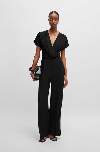 Slim-fit jumpsuit with wrap front, Black