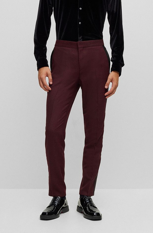 Slim-fit pants with satin trims, Dark Red
