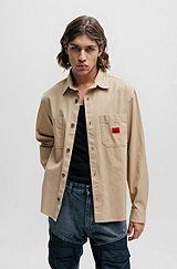 Oversize-fit shirt in cotton twill with logo label, Beige